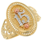 10k Three Tone Real Gold Rose Flower 15 Años Birthday Oval Ring