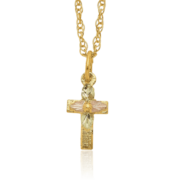 10K Solid Tri Color Pink White Yellow Black Hills Gold Holy Cross Chain Necklace