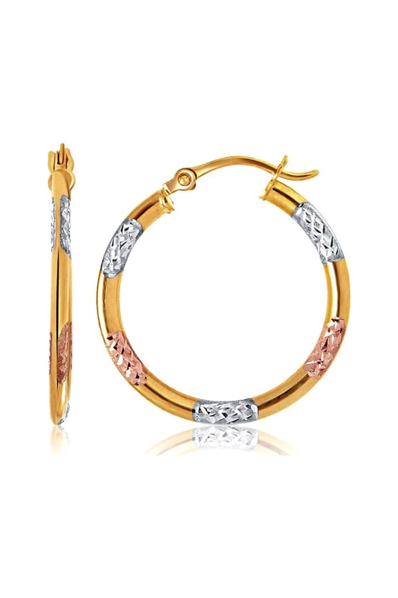 10k Tri-Color Gold Classic Hoop Earrings with Diamond Cut Details
