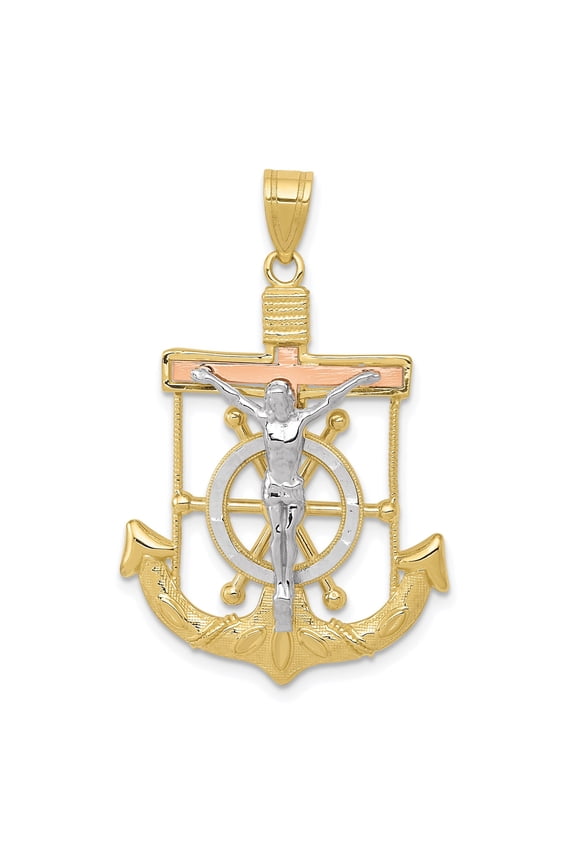 10k Tri-Color Gold Cross Pendant for Men and Women with Diamond Cut Anchor and Ship Wheel Design Spiritual Christian Crucifix Necklace Yellow Rose White Tone Faith Jewelry
