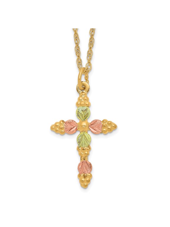 10k Tri-Color Gold Cross Pendant Necklace with Leaf Design, 18 Inch Chain