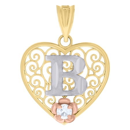 10k Tri-Color Gold Cubic Zirconia Women Initial "B" Alphabet Pendant 1.5g Charm