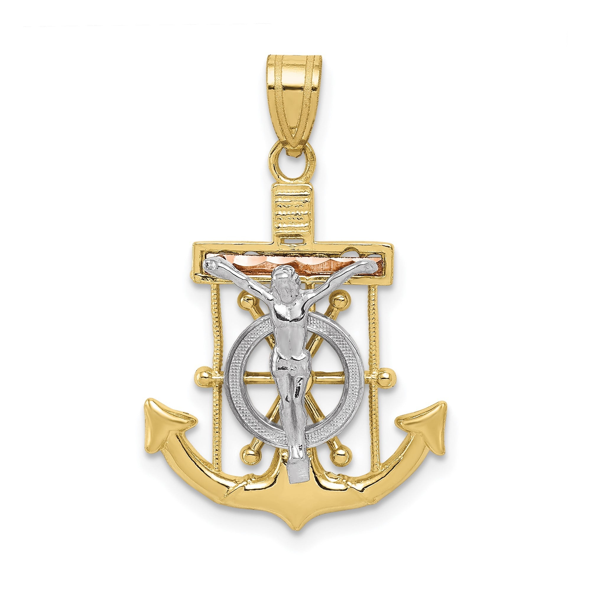 10k Tri Color Gold Mariners Anchor Cross Pendant Necklace for Men and ...