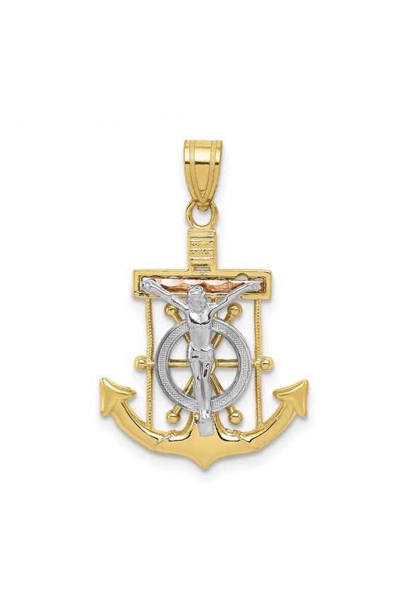 10k Tri Color Gold Mariners Anchor Cross Pendant Necklace for Men and Women Diamond Cut Crucifix Nautical Religious Jewelry Spiritual Faith Statement Design