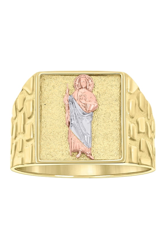 10k Tri-Color Gold Mens St. Jude Religious Square Head Nugget Ring