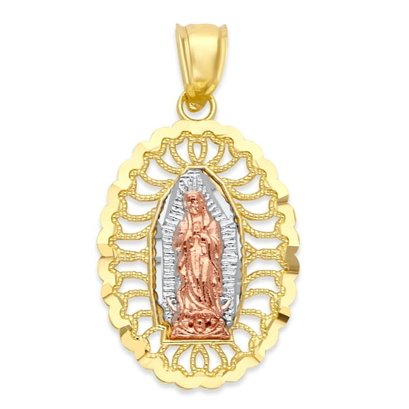 10k Tri Color Gold Virgin Mary Oval Pendant - Our Lady of Guadalupe Jewelry, Catholic Gifts for Women