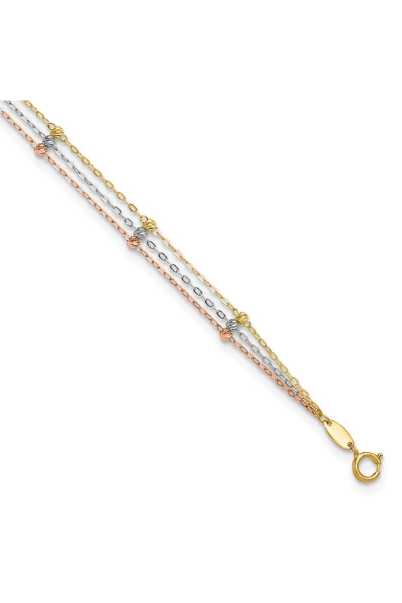 10k Tri-color 3-Strand Diamond-cut Beaded 9in Plus 1in ext Anklet