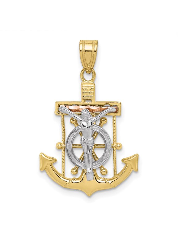 10k Tri-color Diamond-cut w/Textured Mariner's Cross Pendant