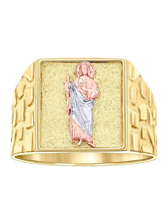 10k Tri-color Gold Mens St. Jude Religious Square Head Nugget Ring 14.2x5.6mm Wide Ring for Men
