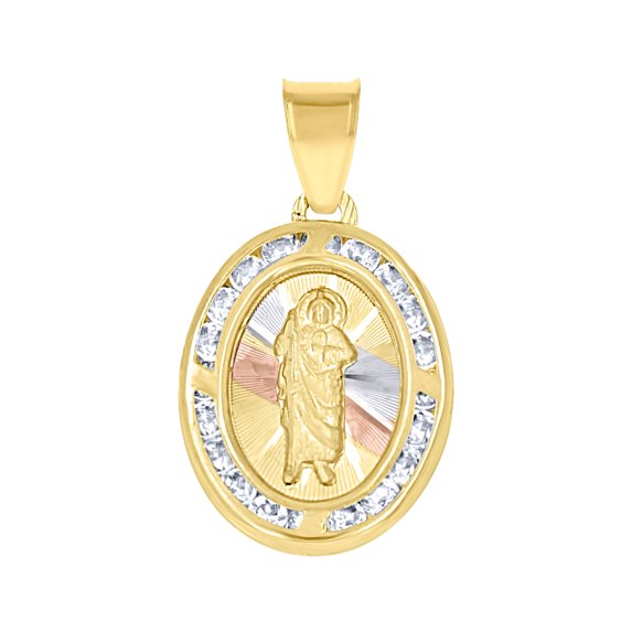 10k Tri-color Gold Unisex Cubic Zirconia Saint Jude Religious Oval Charm Pendant Necklace 23.8x13.7mm Wide Pendant for W