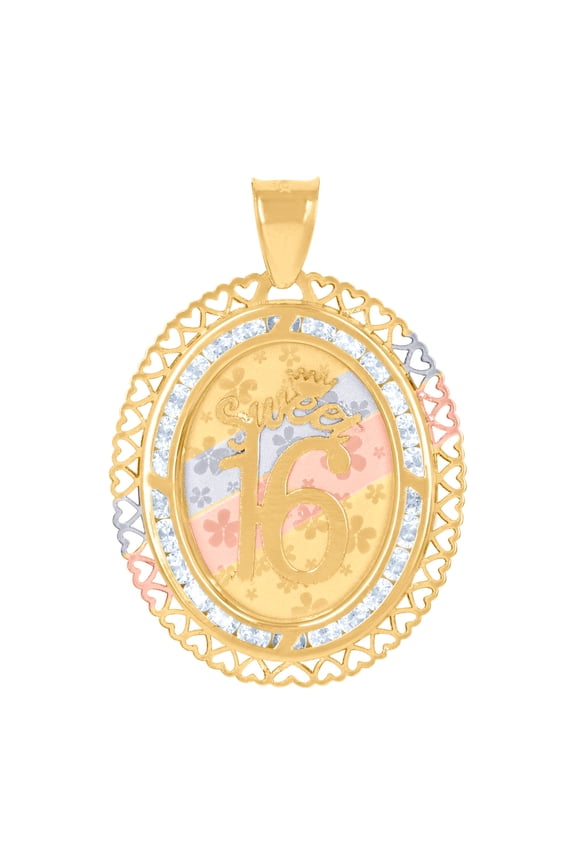 10k Tri-color Gold Womens Cubic Zirconia Love Hearts Border Sweet 16 Quinceanera Charm Pendant Necklace 30.2x21mm Wide P