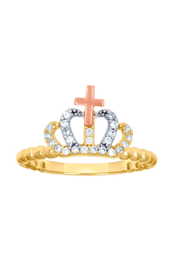 10k Tri-color Gold Womens Cubic Zirconia Religious Faith Cross Crown Fashion Ring 9.8x1.6mm Wide Ring for Women