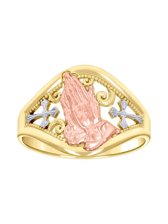 10k Tri-color Gold Womens Praying Hands Cross Symbol Religious Ring 13.7x2.5mm Wide Ring for Women