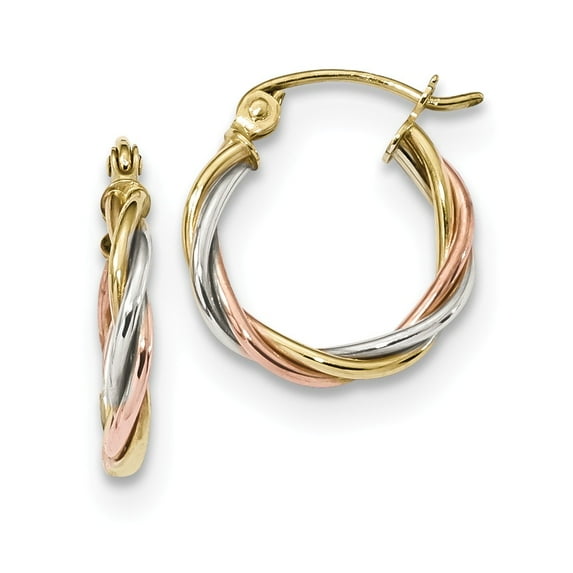 10k Tri-color Polished 2.5mm Twisted Hoop Earrings in 14k Yellow, White, and Rose Gold Tri-Color
