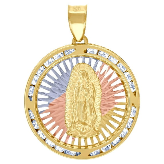 10k Tri-tone Gold Unisex Cubic Zirconia Lady Of Guadalupe Religious Pendant Necklace 33.7x25.3mm Wide Pendant for Women