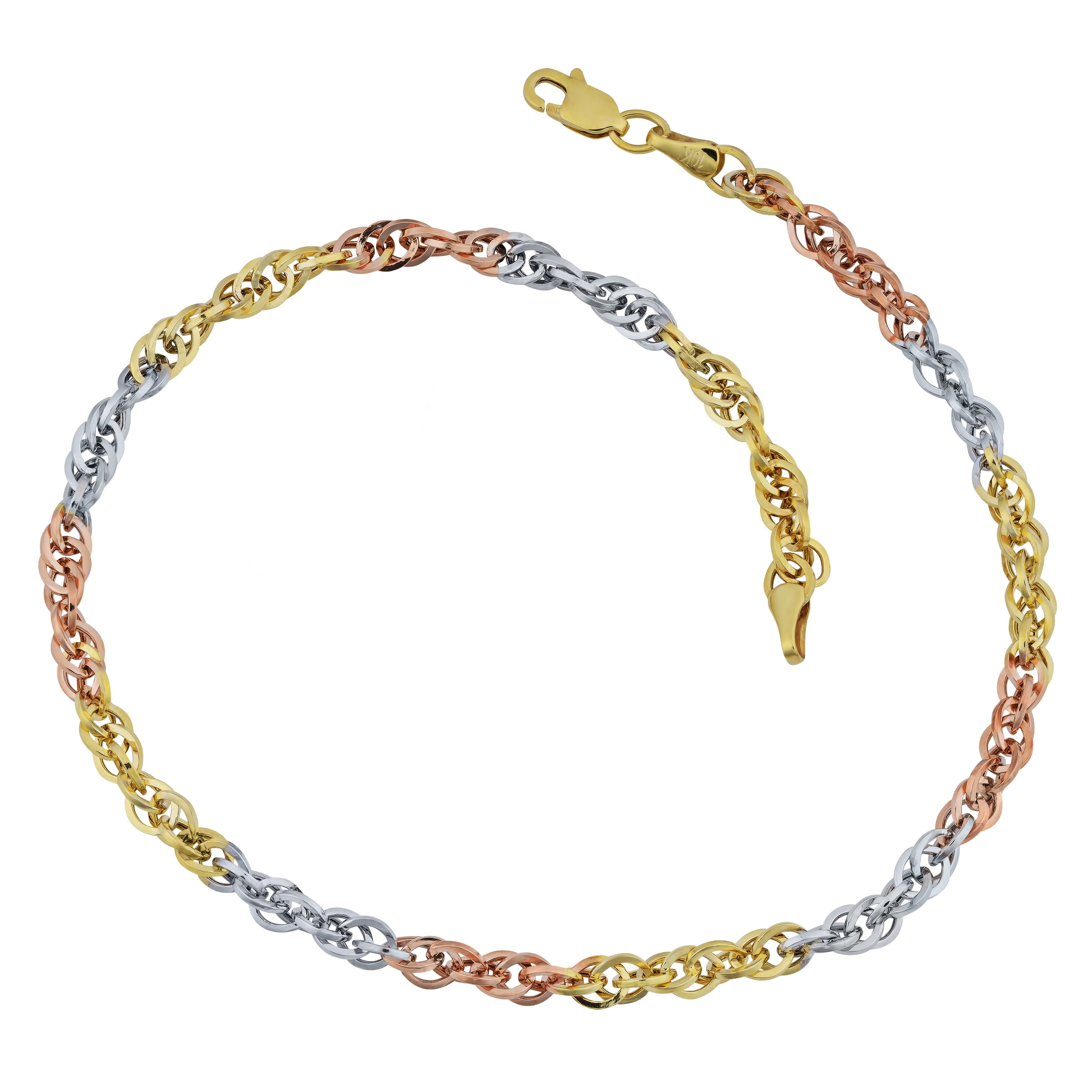 FREMADA KoolJewelry 10k Tricolor Gold Double Cable Link Anklet (3.8 mm, 10 inch) | Women's Jewelry