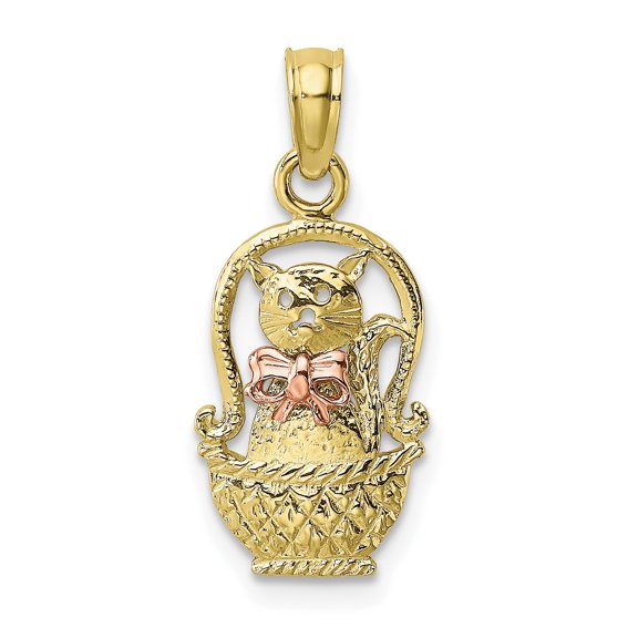 10k Two-Tone Cat w/ Bow In Basket Charm 10K9102