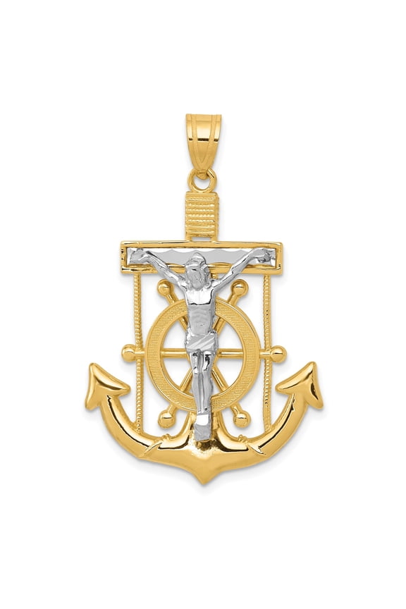 10k Two Tone Gold Anchor Crucifix Necklace with Ship Wheel for Men and Women Diamond Cut Religious Nautical Jewelry Symbol of Faith Spiritual Strength Cross Pendant Men and Women
