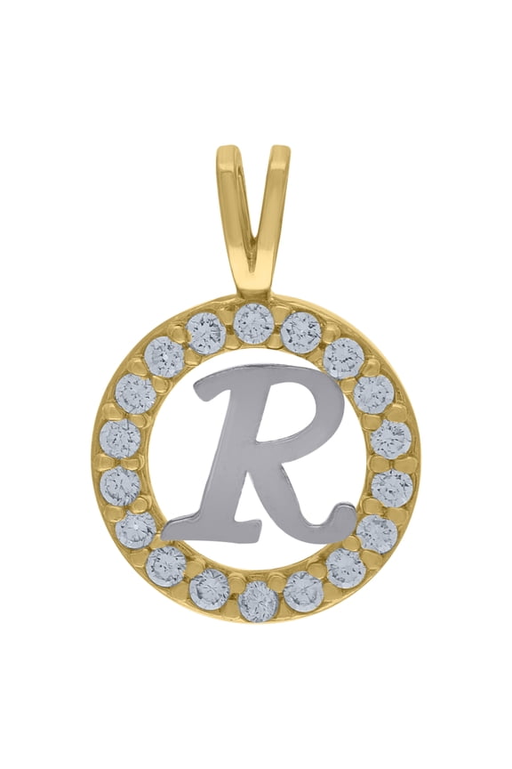 10k Two-Tone Gold Cubic Zirconia Unisex Initial "R" Alphabet Pendant 1g Charm
