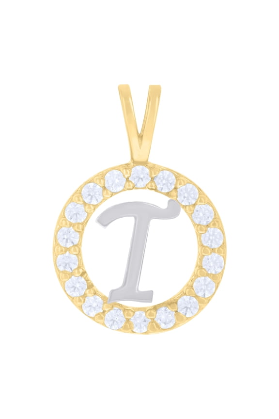 10k Two-Tone Gold Cubic Zirconia Unisex Initial "T" Alphabet Pendant 0.9g Charm