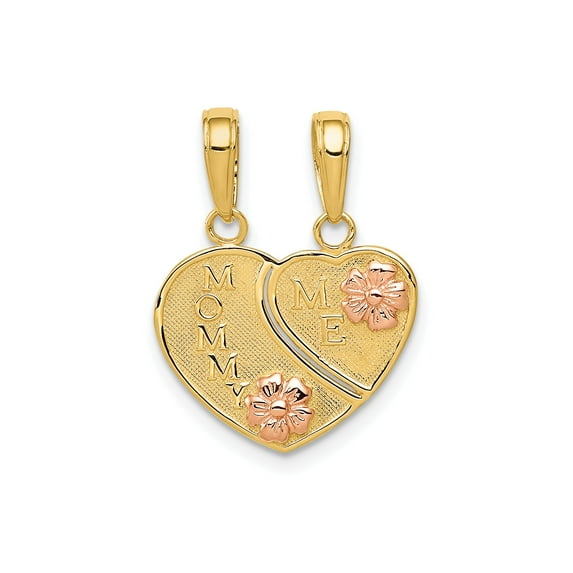 10k Two-Tone Gold Heart Pendant Necklace with Rose Gold Flowers, Mommy and Me Split Charm for Women, Symbol of Maternal Bonding, Sentimental Family Jewelry