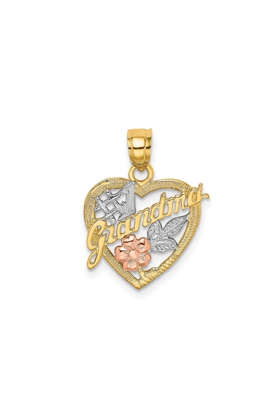 10k Two-Tone Gold Heart Pendant Necklace for Women with Rose and Leaf Design, Number One Grandma Script, Sentimental Family Jewelry, Symbolic Floral Style