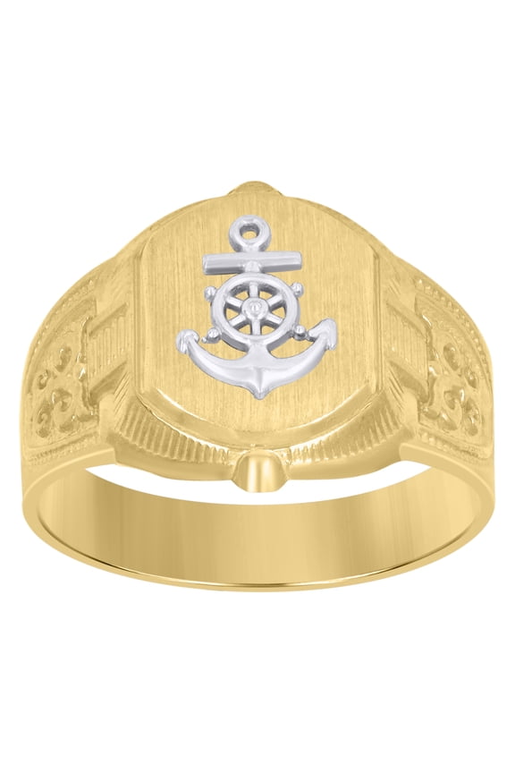 10k Two-Tone Gold Mens Anchor Signet Ring