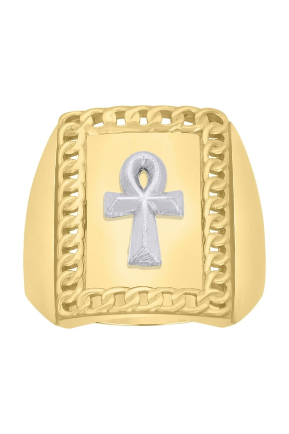 10k Two-Tone Gold Mens Ankh Cross Religious Ring