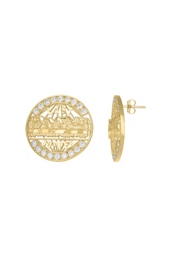 10k Two-Tone Gold Mens CZ Cubic Zirconia Last Super Religious Stud Earrings