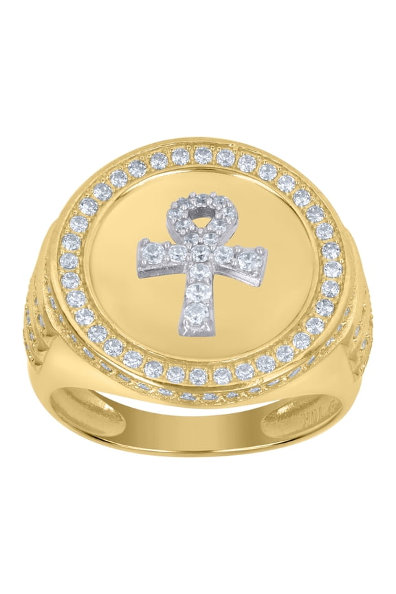 10k Two-Tone Gold Mens Cubic-Zirconia Ankh Religious Signet Ring