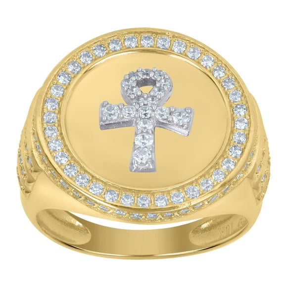 10k Two-Tone Gold Mens Cubic-Zirconia Ankh Religious Signet Ring