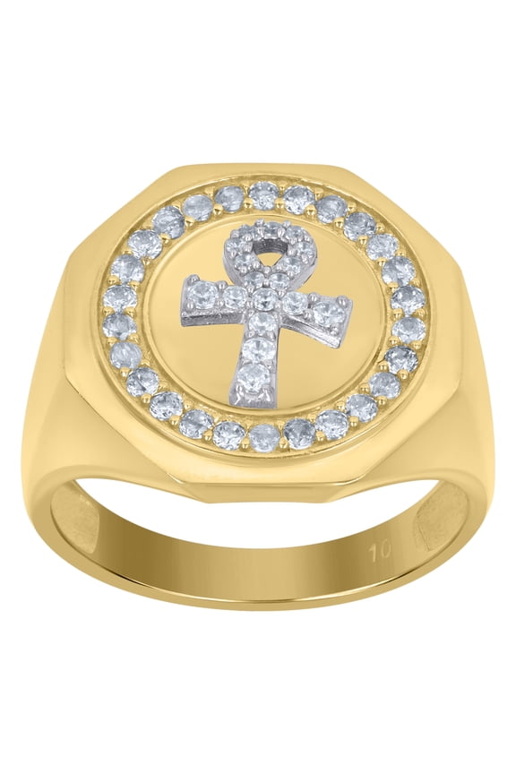 10k Two-Tone Gold Mens Cubic-Zirconia Ankh Religious Signet Ring