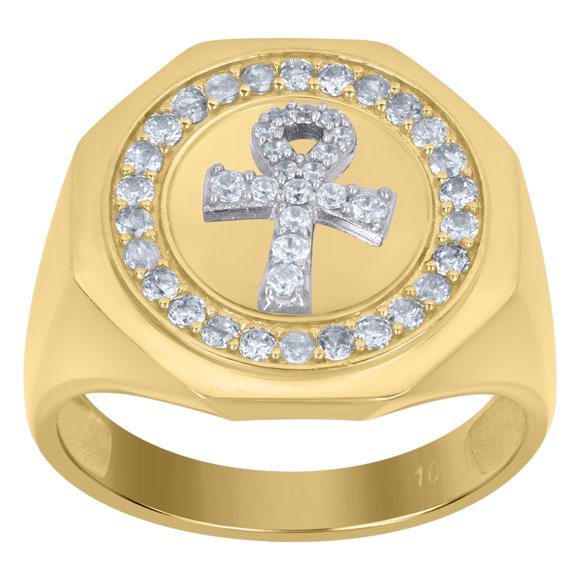 10k Two-Tone Gold Mens Cubic-Zirconia Ankh Religious Signet Ring