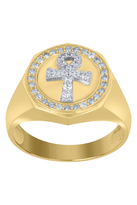 10k Two-Tone Gold Mens Cubic-Zirconia Ankh Religious Signet Ring