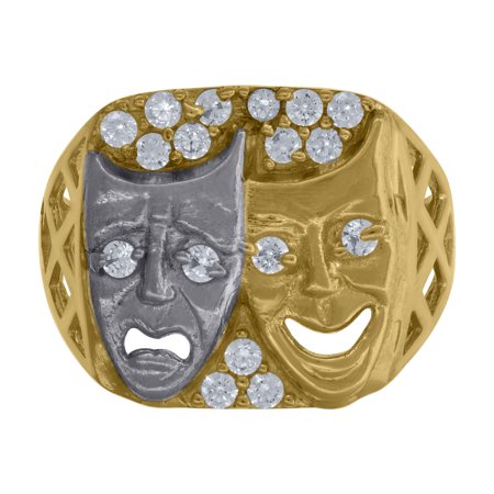 10k Two-Tone Gold Mens Cubic Zirconia CZ Comedy Tragedy Mask Ring