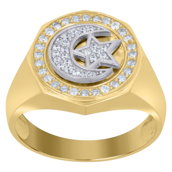 10k Two-Tone Gold Mens Cubic-Zirconia Chand Sitara Religious Signet Ring
