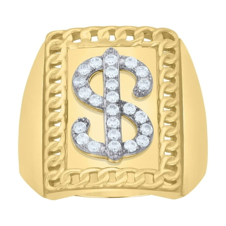 10k Two-Tone Gold Mens Cubic-Zirconia Dollar Sign Currency Ring