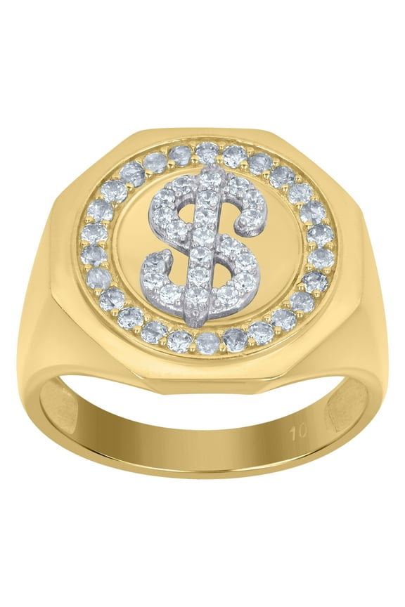 10k Two-Tone Gold Mens Cubic-Zirconia Dollar Sign Currency Signet Ring
