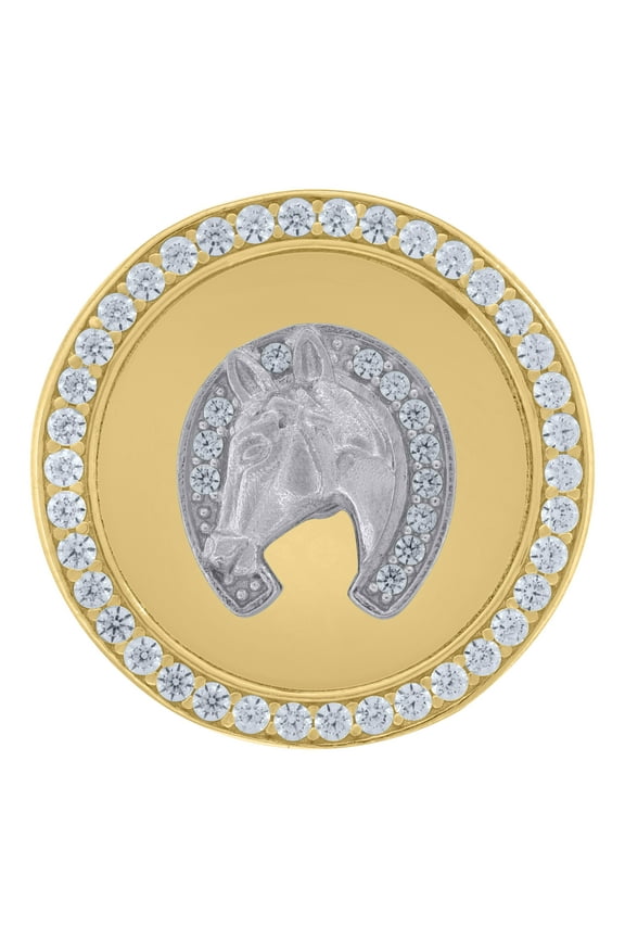 10k Two-Tone Gold Mens Cubic Zirconia Horseshoe Horse Head Good Luck Ring