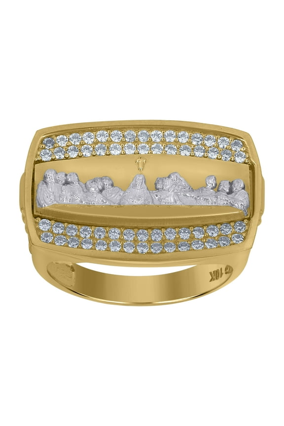 10k Two-Tone Gold Mens Cubic-Zirconia Last Supper Religious Ring