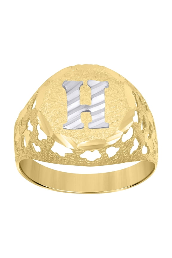 10k Two-Tone Gold Mens Diamond-Cut Textured Initial Letter H Band Ring