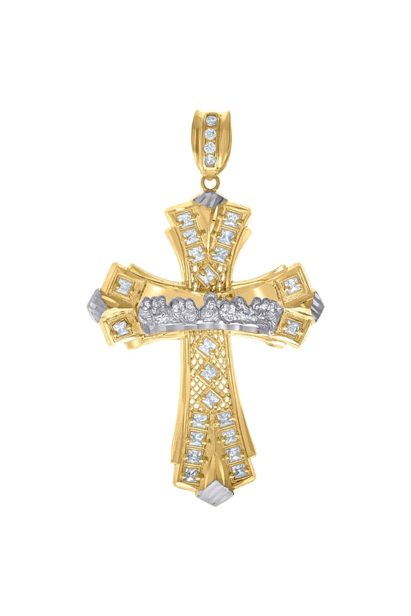 10k Two-Tone Gold Mens Princess Cut Cubic-Zirconia Religious Cross Last Supper Charm Pendant