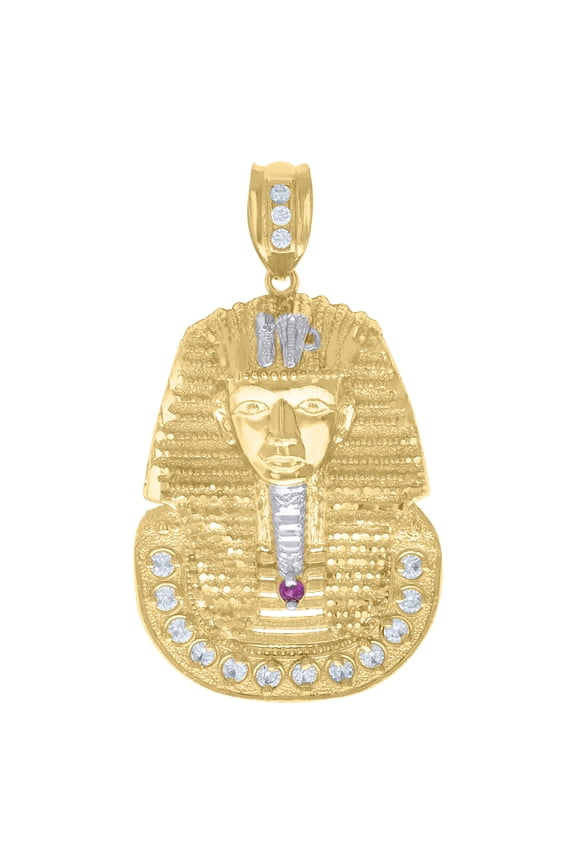 10k Two-Tone Gold Mens White Purple Cubic-Zirconia Egyptian Pharaoh Charm Pendant