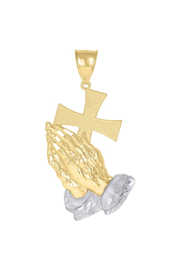 10k Two-Tone Gold Mens Women Praying Hands Cross Religious Charm Pendant