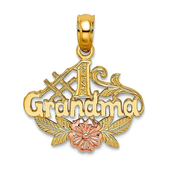 10k Two Tone Gold Number 1 Grandma With Pink Flower Charm 16.7x15.7mm Wide Pendant Necklace for Women