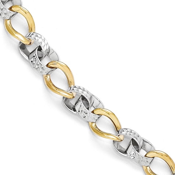 10k Two Tone Fancy Lobster Closure Gold Polished and Sparkle Cut Link Bracelet 7.5 Inch Measures 7mm Wide - Link Bracele