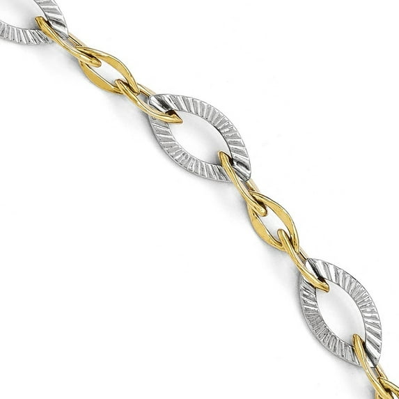 10k Two-Tone Gold Polished and Textured Link Bracelet - 7.5 Inch - Measures 8mm Wide