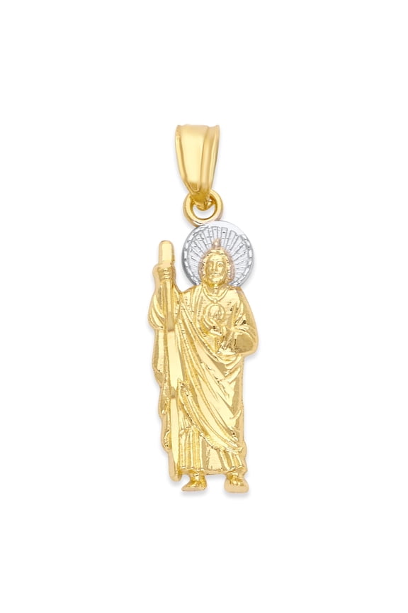 Golden Fire Solid 10k Two Tone Gold Saint Jude Pendant - San Judas Jewelry, Catholic Jewelry Gifts for Women