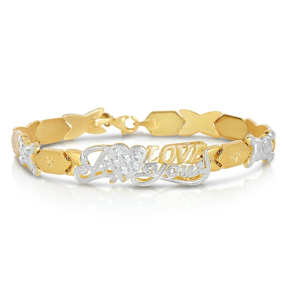 10k Two-Tone Gold Stampato Xoxo Hugs and Kisses with Bear and Heart I Love You ID Bracelet