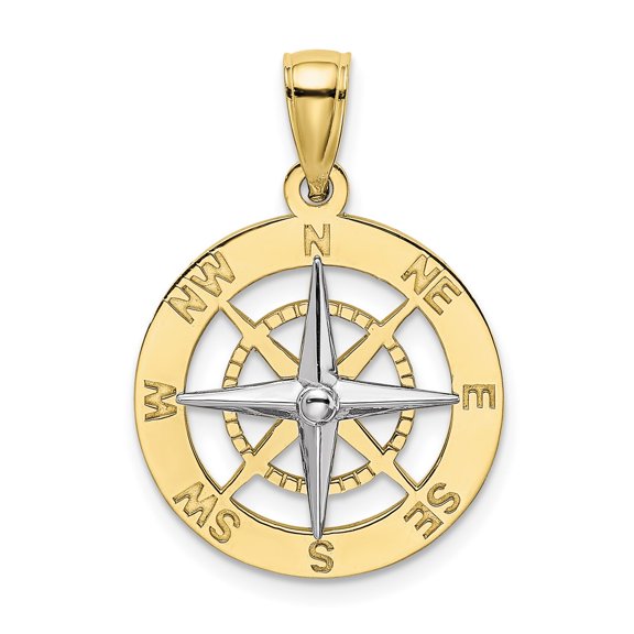 10k Two Tone Gold With Rhodium Plated Nautical Compass White Needle Charm Pendant Fine Jewelry For Women Gifts For Her